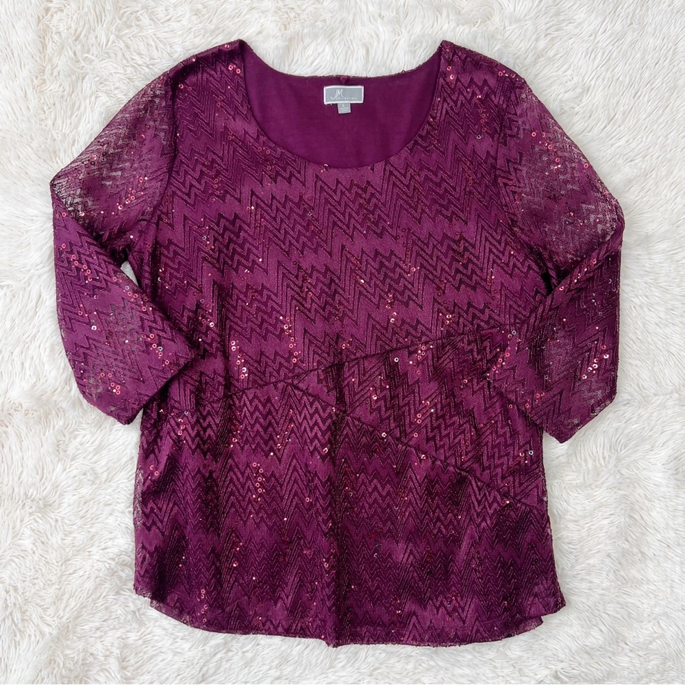 JM Collection sequin blouse plum lace scoop neck sparkly holiday Size L